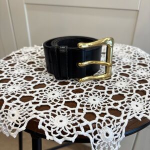 vintage Black Leather Belt with Solid Brass Buckle